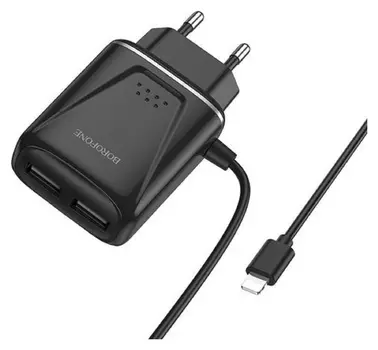 Сетевое зарядное устройство Borofone Ba50a, 2хusb, 2.1 А, кабель Lightning, 1 м, черное