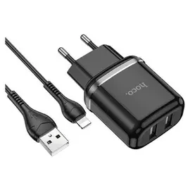 Сетевое зарядное устройство Hoco N4, 2хusb, 2.4 А, кабель Lightning, 1 м, черное