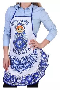 Фартук «Матрёшка», гжель, сувенирный, с воланом, без кармана