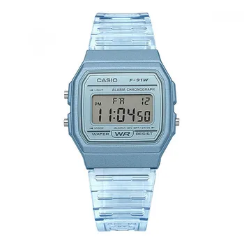 Casio F 91ws 2hdF F 91ws 2 цифровые квадратные винтажные ретро прозрачные часы для общественных мест из искусственной кожи F-91WS-2HDF