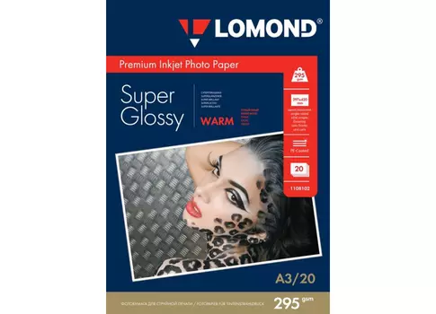Lomond для струйной печати, A3, 295 г/м2, 20 листов, односторонняя, суперглянцевая (1108102)