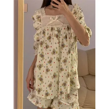 Женская пижама, летняя, с коротким рукавом, комплект одежды для сна с рисунком милого медведя, пижама для женщин с оборками, домашний комплект одежды для сна, кардиган M