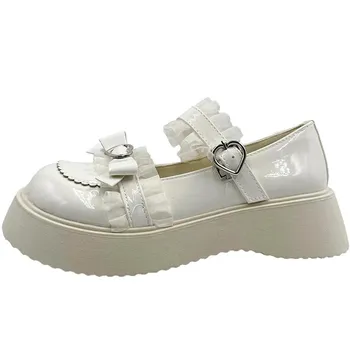 Lucyever Sweet Lace Bowknot Lolita Shoes Women Heart Buckle Patent Leather Mary Janes Woman 2025 Round Toe Platform Flats Shoes 35 чёрный