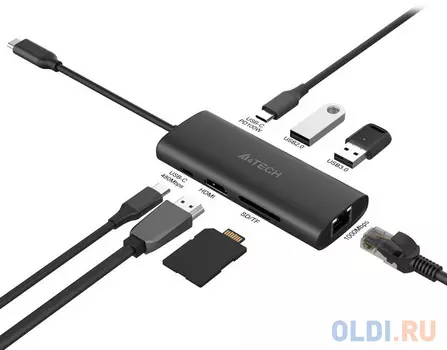 Разветвитель USB Type-C A4TECH DST-80C 2 х USB 2.0 RJ-45 HDMI USB Type-C SD серый