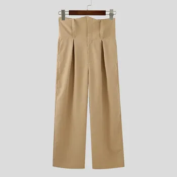 INCERUN Spring Men High Waist Zipper Straight Pants Solid Casual Long Trousers S чёрный