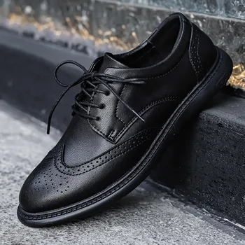 Outdoor Walking Shoes Leisure Walk Oxford Shoes Simple Brogue Flats Genuine Leather Mens Casual Footwear Man Lace Up Dress Shoes 38 чёрный