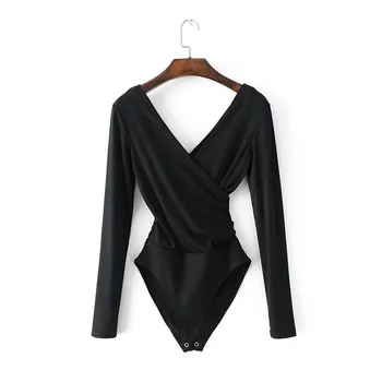 Женская мода V-образным вырезом с длинным рукавом комбинезон Cross Front Bodysuit S вино красного