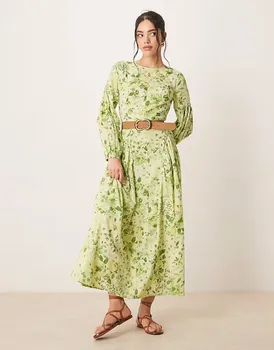Длинное льняное платье ASOS DESIGN с вуалью-годе и цветочным принтом зеленого цвета