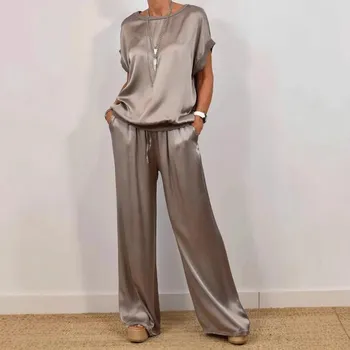 Fashion Satin Women s Suit Spring and Summer Trend Loose Shirt Wide Leg Pants Casual Trousers 2-piece Set Womens Cothing XXXL