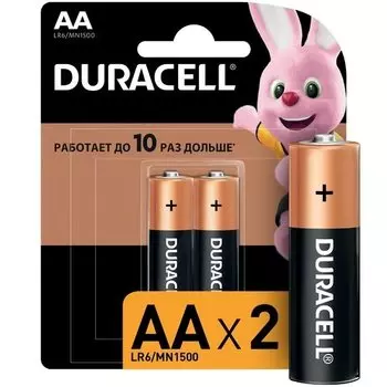 Батарейки Duracell AA (LR6), щелочные, КОМПЛЕКТ 2 шт., в блистере