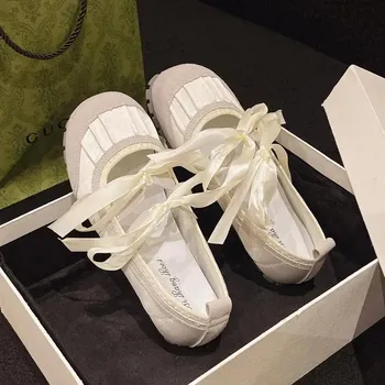Fashion Spring Autumn Women Double Bowknot Buckle Lace Up Mary Jane Shoes Fashion Elegant Ladies Round Toe Shallow Flats Ballet Shoes 35 серый