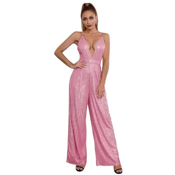 Женский модный комбинезон Hottie Deep V Backless Sequin без рукавов с бретелькой через шею S чёрный