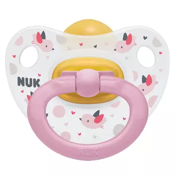 Nuk Пустышка ортодонтическая Happy Kids латекс размер 2 птички + контейнер (Nuk, Соски-пустышки и аксессуары)
