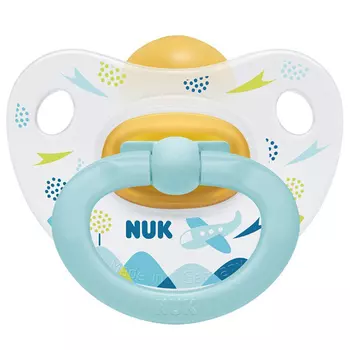 Nuk Пустышка ортодонтическая Happy Kids латекс размер 2 самолетики + контейнер (Nuk, Соски-пустышки и аксессуары)
