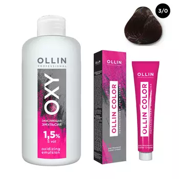 Ollin Professional Набор "Перманентная крем-краска для волос Ollin Color оттенок 3/0 темный шатен 100 мл + Окисляющая эмульсия Oxy 1,5% 150 мл" (Ollin Professional, Ollin Color)