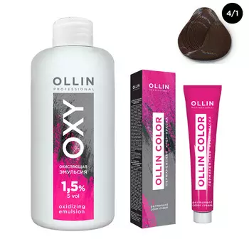 Ollin Professional Набор "Перманентная крем-краска для волос Ollin Color оттенок 4/1 шатен пепельный 100 мл + Окисляющая эмульсия Oxy 1,5% 150 мл" (Ollin Professional, Ollin Color)