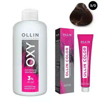 Ollin Professional Набор "Перманентная крем-краска для волос Ollin Color оттенок 5/0 светлый шатен 100 мл + Окисляющая эмульсия Oxy 3% 150 мл" (Ollin Professional, Ollin Color)