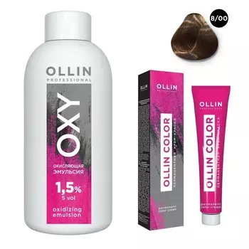 Ollin Professional Набор "Перманентная крем-краска для волос Ollin Color оттенок 8/00 светло-русый глубокий 100 мл + Окисляющая эмульсия Oxy 1,5% 150 мл" (Ollin Professional, Ollin Color)