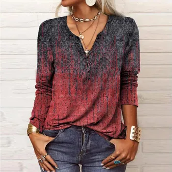 Women Autumn Button Half Open Collar Ethnic Midi T-Shirt Women Long Sleeve Top Plus Size XXXXXL
