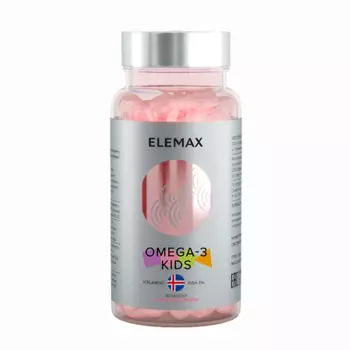 ELEMAX Добавка биологически активная к пище Комплекс детский Омега-3 с витаминами Е и Д со вкусом клубники, 710 мг, 90 капсул