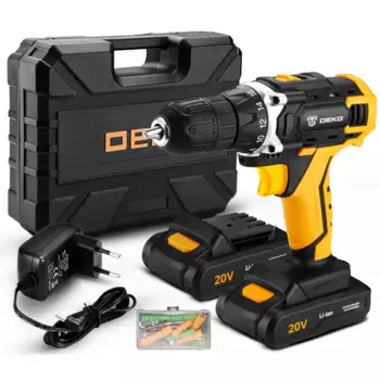 Дрель-шуруповерт аккумуляторная Deko DKCD20FU, 20 В Li-Ion 2x1.5 Ач с набором бит, сверл и крепежа, 63 шт., в кейсе