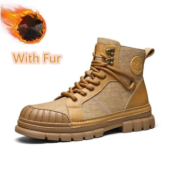 FashionHigh Top Men s Plush Snow Boots Men s Leather Walking Shoes Fashion Motorcycle Ankle Boots for Men Winter Boots Lace-Up Botas 39