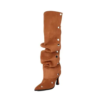 Женские сапоги на высоком каблуке, сексуальные, в европейском стиле, на осень и зиму, новые, с острым тонким каблуком, большие размеры, до середины икры 34 чёрный
