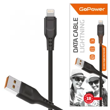 Кабель Lightning 8-pin-USB, 2.4A, 1м, черный GoPower GP01L (00-00018568)