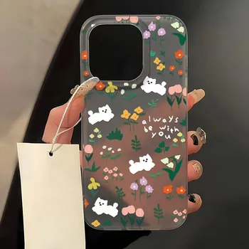 Чехлы для мобильных телефонов iPhone 11 13 15 Pro Max 12 14 Pro Max Чехол для iPhone 16 15 Plus 13 Pro 12 Mini 13 Mini Матовая текстура Нарисованные мультяшные цветы iPhone 11 белый