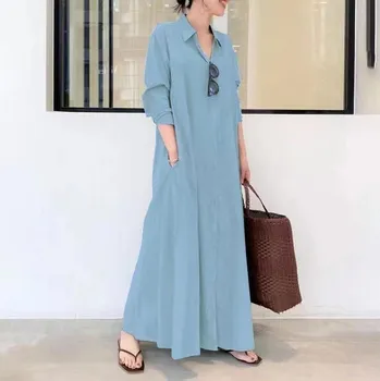 LYRIA Fashion Cotton Linen Women Dress Maxi Ethnic Style Streetwear Elegant Vestidos Casual Vintage Loose Long Dresses Woman Clothes 5XL S темно-синий