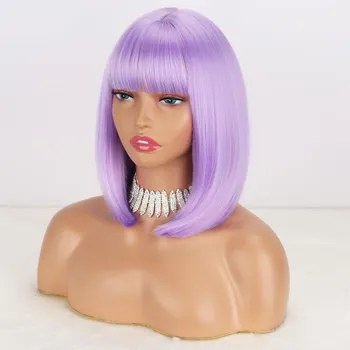 LISI HAIR Женская мода Короткий чистый белый прямой парик Боб с челкой Синтетическое волокно Длина до плеч Прямой парик Боб Белый Серебряный парик 1B