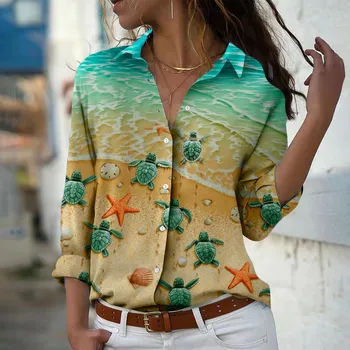 Подводный мир Принт Женская Блузка Весна Осень Femme Офисная Дама На Пуговицах Рубашки С Отложным Воротником XS фиолетовый