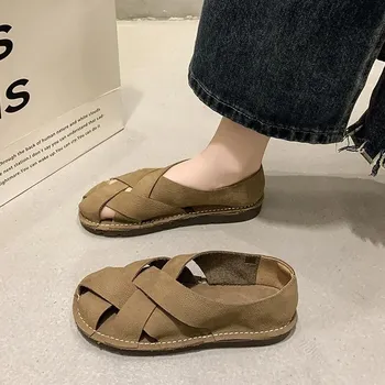 Женские сандалии из искусственной кожи, верхний слой из коровьей кожи, плетеные вручную, женские повседневные туфли на плоской подошве, обувь в стиле ретро 42