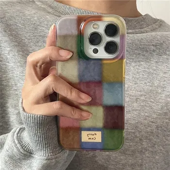 Милый чехол Dopamine Color Block Match Plaid Clear Case для iPhone 16 15 14 13 12 11 Pro Max XS XR X SE 7 8 Plus клетчатый мягкий чехол For iPhone 15