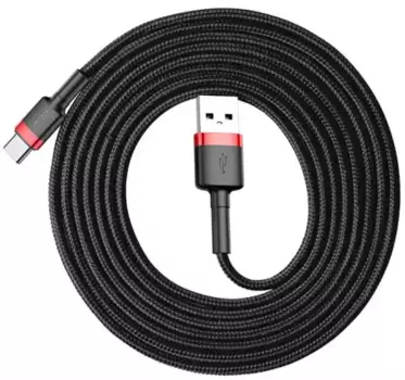 кабель USB! TYPE-C 2м 2A, черный+красный, оплётка\