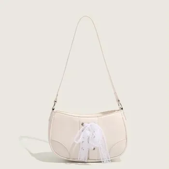 Sweet Lace Tied Bow Underarm Bag Women Trend Solid Single Shoulder Crossbody Bags Versatile Commuting Shopping Card Pack Wallet (20cm<Max Length<30cm)