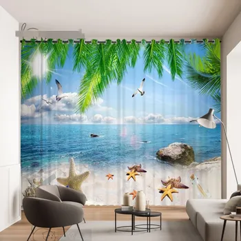 2-панельные шторы Blue Sea Maldivian Seagull Coconut Tree Шторы для спальни, гостиной, кухни, оконные жалюзи cortinas 2x60Wx50H(CM)&Rod Pocket