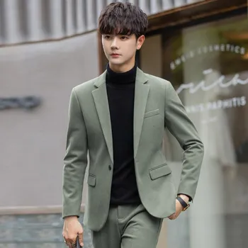 Повседневный костюм корейской версии Slim Fit Trend осень и зима мужской маленький костюм шерстяной утолщенный топ куртка M чёрный
