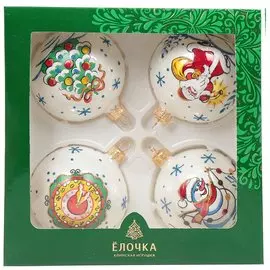 Набор елочных украшений Елочка, Морозный, 4 шт, белый, стекло, с рисунком, C529