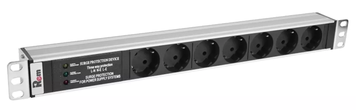 Блок розеток Rem-10 без шнура с фил. и инд., 7 Schuko, вход IEC 60320 C14, 10A, алюм., 19" (R-10-7S-FI-440-Z)