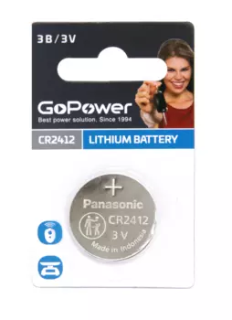 Батарейка GoPower CR2412 BL1 Lithium 3V (1/5/500) GoPower CR2412 BL1 Lithium 3V (00-00021266)