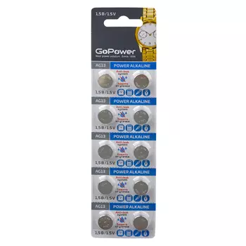 Батарейка GoPower G13/LR1154/LR44/357A/A76 BL10 Alkaline 1.5V (10/100/3600) блистер (10 шт.) Батарейка GoPower G13/LR1154/LR44/357A/A76 (00-00017858)