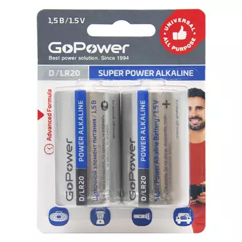 Батарейка GoPower LR20 D BL2 Alkaline 1.5V (2/12/96) блистер (2 шт.) Батарейка GoPower LR20 D (00-00017862)