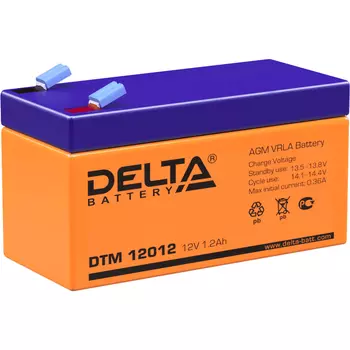 Батарея DELTA серия DTM, DTM 12012, напряжение 12В, емкость 1.2Ач (разряд 20 часов), макс. ток разряда (5 сек.) 18А, макс. ток заряда 0.36А, свинцово-кислотная типа AGM, клеммы F1, ДxШxВ 97х43х52мм., вес 0.61кг., срок службы 6 лет. Delta DTM 12012 (12V /