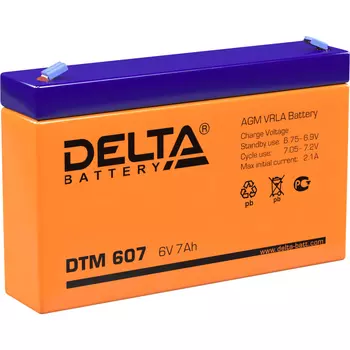 Батарея DELTA серия DTM, DTM 607, напряжение 6В, емкость 7Ач (разряд 20 часов), макс. ток разряда (5 сек.) 105А, макс. ток заряда 2.04А, свинцово-кислотная типа AGM, клеммы F1, ДxШxВ 151х34х94мм., вес 1.2кг., срок службы 6 лет. Delta DTM 607 (6V / 7Ah)