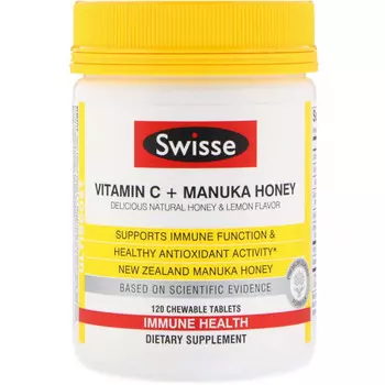 Swisse, Ultiboost, витамин C и мед манука, натуральный вкус меда и лимона, 120 жевательных таблеток