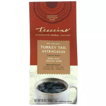 Teeccino, Травяной кофе с грибами, индейка и астрагал, обжаренный клен, средняя обжарка, без кофеина, 284 г (10 унций)
