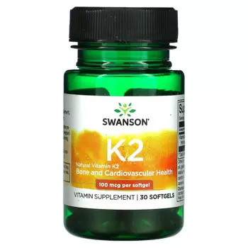 Swanson, Натуральный витамин K2, 100 мкг, 30 мягких таблеток