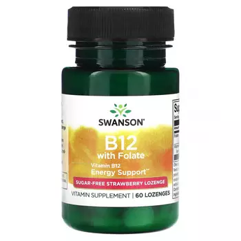 Swanson, Витамин B12 с фолатом, без сахара, клубника, 60 пастилок