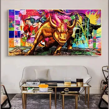 Граффити Wall Street Bull Art Мотивационный Плакат и Печать на Холсте Картина Долларов Картина для Гостиной Украшения Дома Подарок Без Рамки 21*30cm